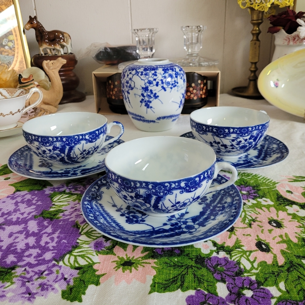 Blue and White Cherry Blossom Tea Cup And Saucer Set of 3 Japan